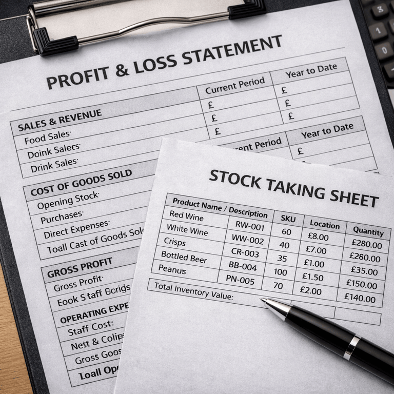 Profit and loss statement with a stock taking sheet and pen on a business clipboard.