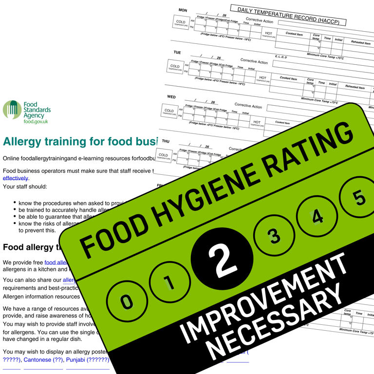 Food hygiene rating sticker showing a 2 rating for improvement necessary with food safety documents.