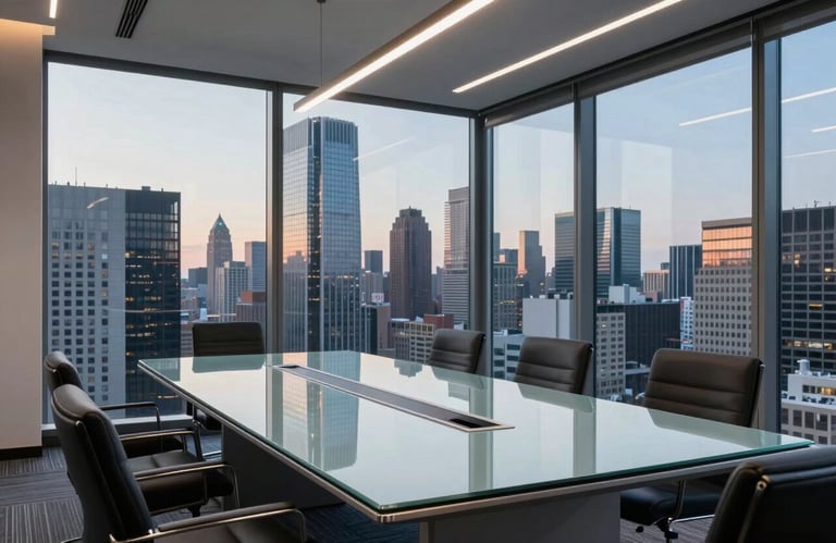 A high-end boardroom in a North American skyscraper with a minimalist glass table and clean architectural lines, overlooking a city at dusk.
