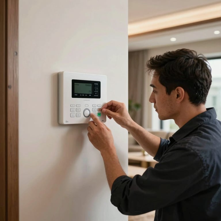 A professional technician carefully adjusting the settings on a Mitsubishi Electric wall-mounted climate control unit in a luxury lounge, Southern European interior.