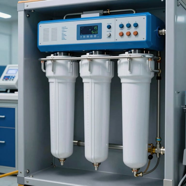 A sophisticated water filtration and softener system installed in a modern technical room, focus on clean pipes and digital controls, blue and silver tones.