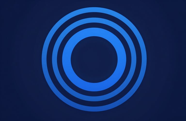 Minimalist graphic of expanding blue concentric circles representing scalability and growth. Professional navy background.