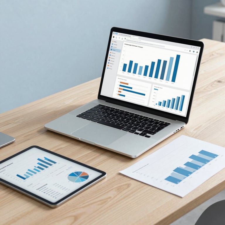 A modern Central European / Slovak workspace with a laptop, tablet, and data charts on a wooden desk, sleek design, light blue and off-white tones.