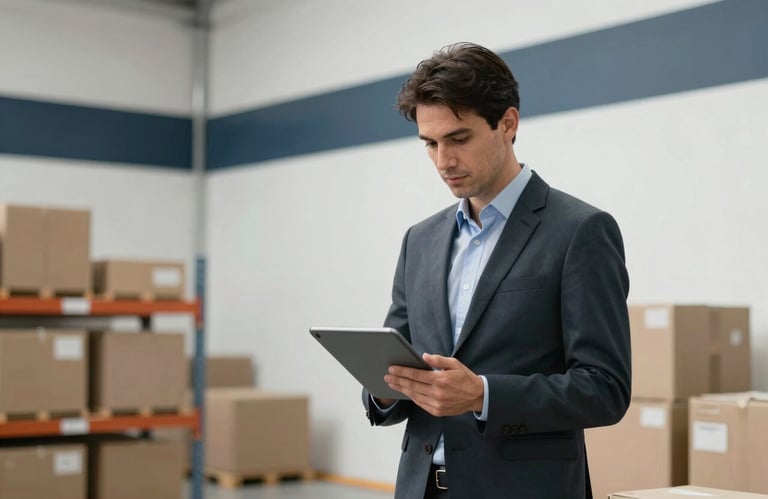 A logistics manager in professional attire using a digital tablet inside a clean, modern European / Spanish warehouse with white walls and dark slate blue accents.