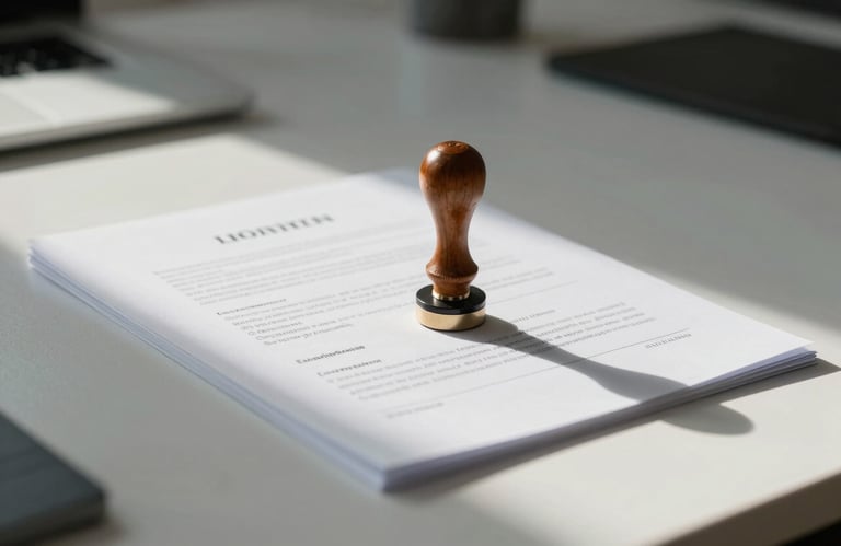 Close-up of a professional legal document with an official stamp, resting on a white desk in a bright European / Spanish office. Soft medium light grey shadows.