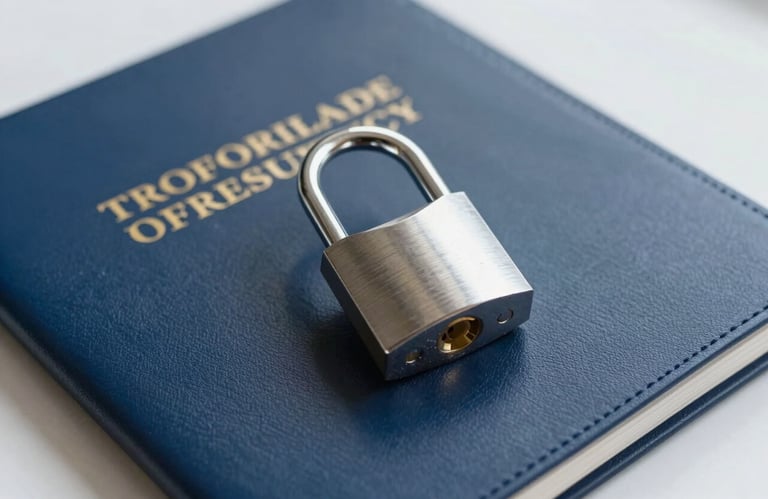 A detailed professional shot of a silver metal padlock resting on a navy blue leather document folder in a bright North American / US corporate setting, symbolizing security and confidentiality.