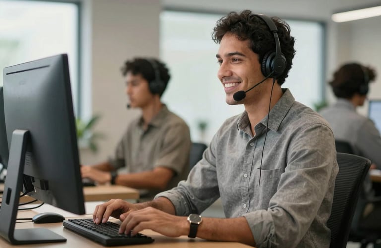 A South American Brazilian professional man in smart-casual attire smiling while working at a computer, representing reliable customer service and remote support.