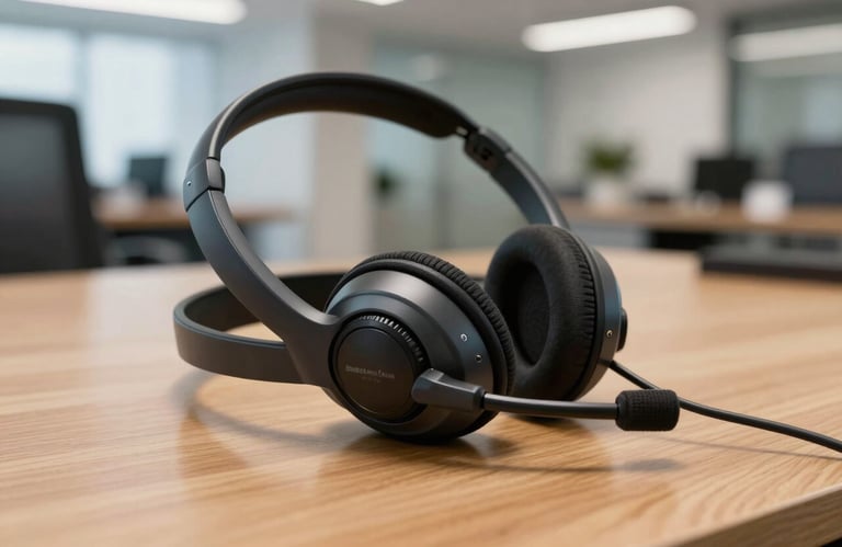 Close-up of a high-quality professional telecommunications headset resting on a clean wooden desk, with a blurred modern office background in South American style.