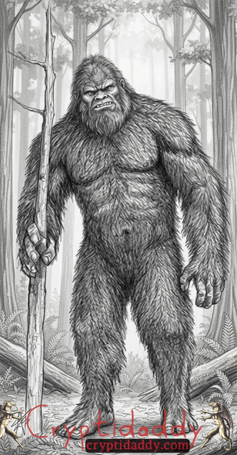 Dark cryptid artwork of the Bigfoot, a legendary monster from folklore and paranormal cryptid