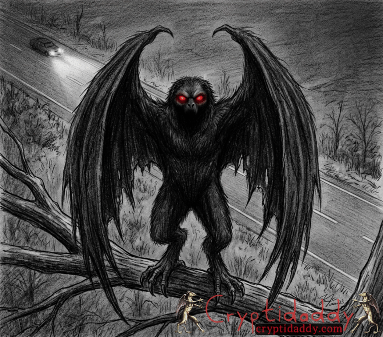 Dark cryptid artwork of the Mothman, a legendary monster from folklore and paranormal cryptid