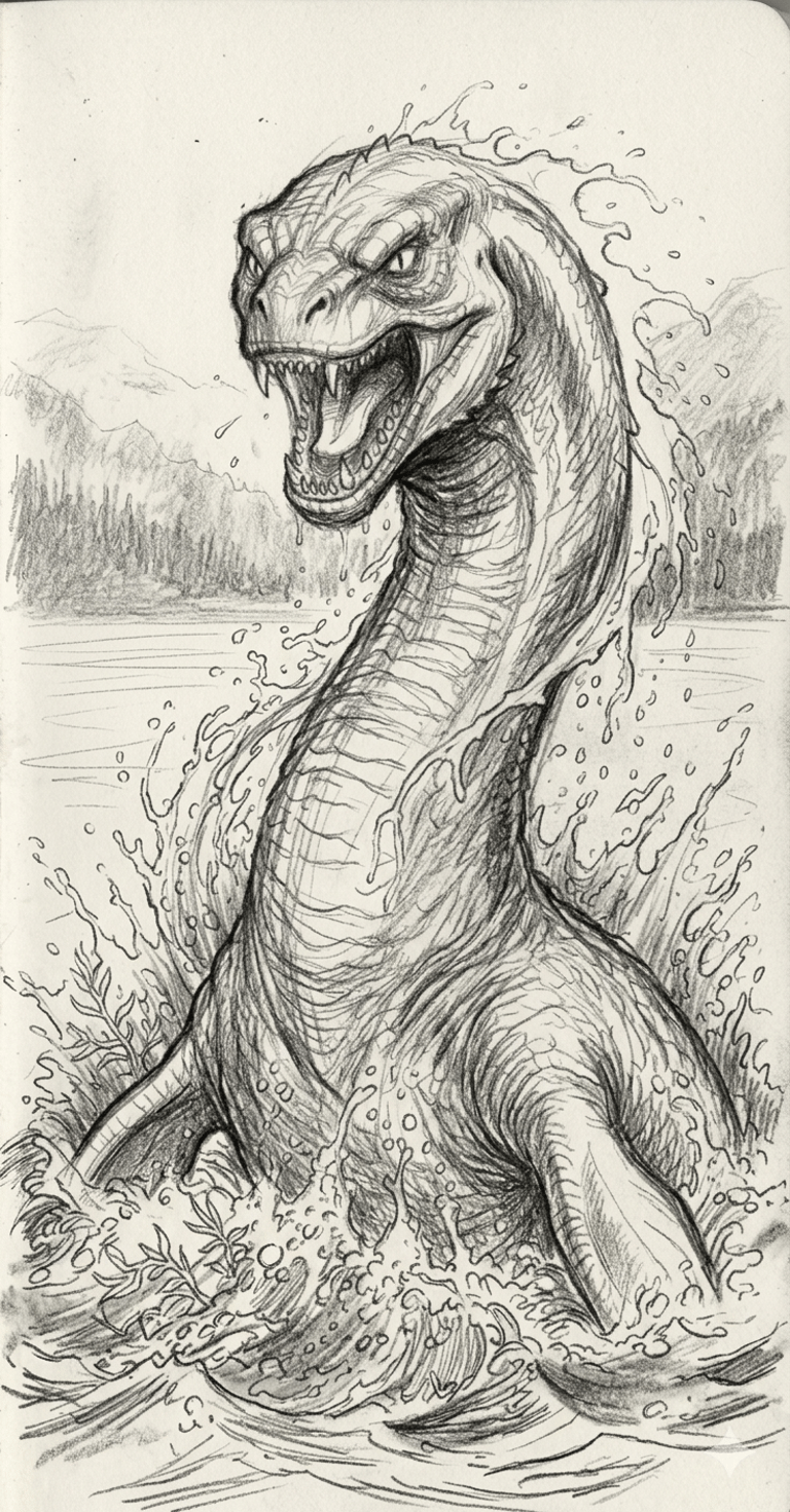 Dark cryptid artwork the Loch Ness Monster, a legendary monster of folklore and paranormal cryptid