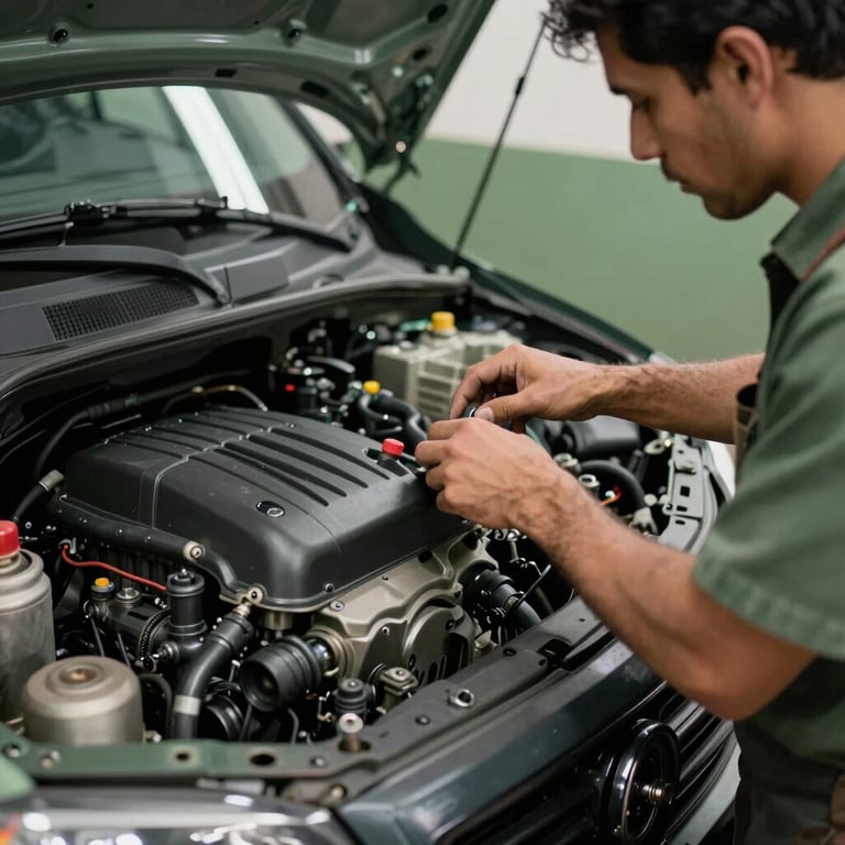 Close-up of a professional mechanic in a South American workshop inspecting a modern van engine. Muted green tones, professional equipment.