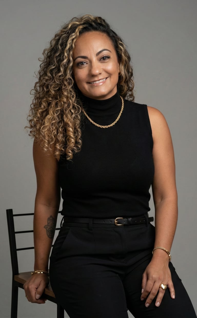 Retrato profesional de Arhely Hurtado con un jersey de cuello alto negro sin mangas y joyas de oro.