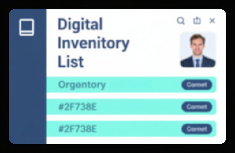 An icon-style professional photo of a digital inventory list with clean typography and blue #2F738E highlights, representing organized management.