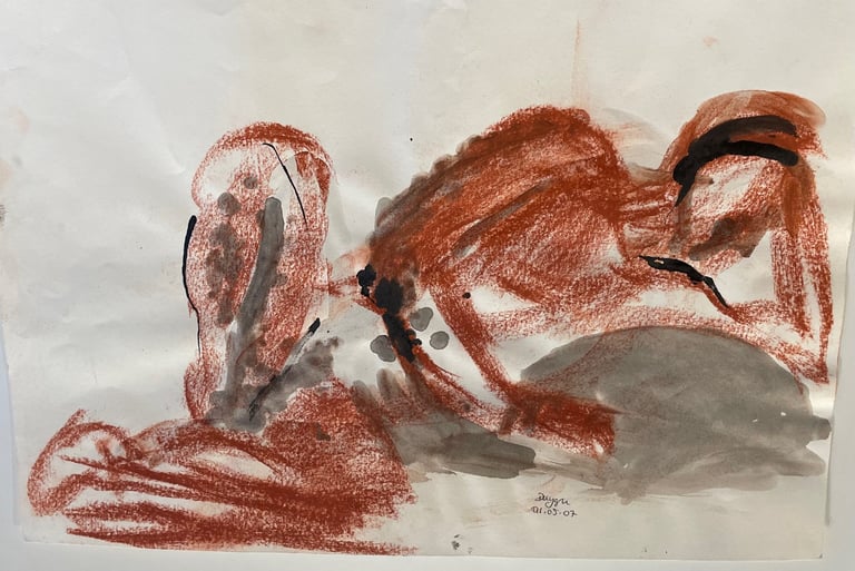 A gestural figure study in terracotta pastel and grey ink wash, showing a seated, leaning pose with raw, textured lines.