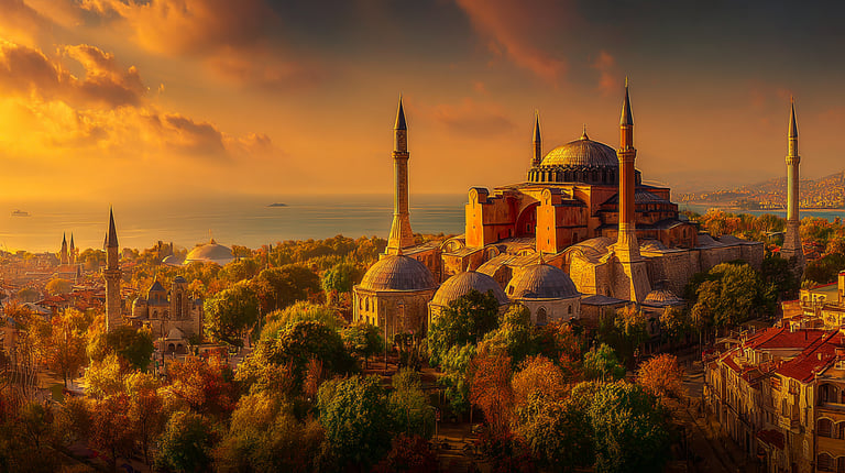 AI generated image of Hagia Sophia at sunset in Istanbul, with golden light against a soft, glowing sky.
