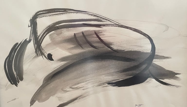 An abstract ink wash drawing featuring sweeping, calligraphic brushstrokes and grey tones suggesting a reclined form.