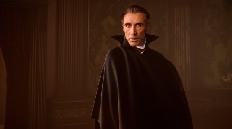 AI generated cinematic, medium shot of likeness of young Christopher Lee as Count Dracula with a stern expression
