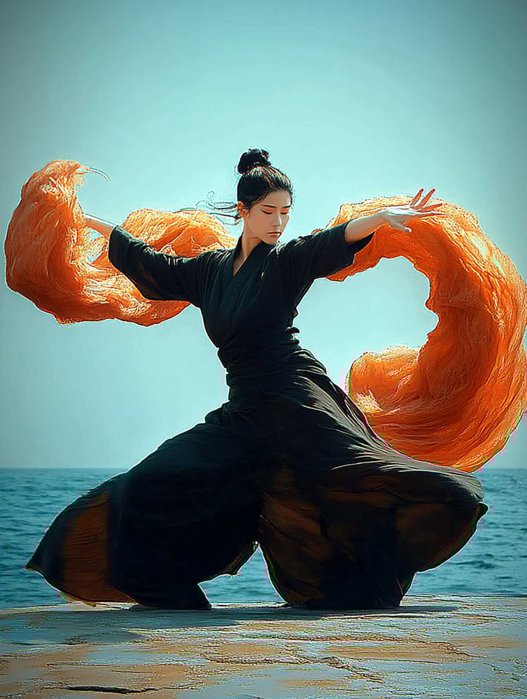 AI generated motion graphic of martial arts dancer with fluid orange energy effects.