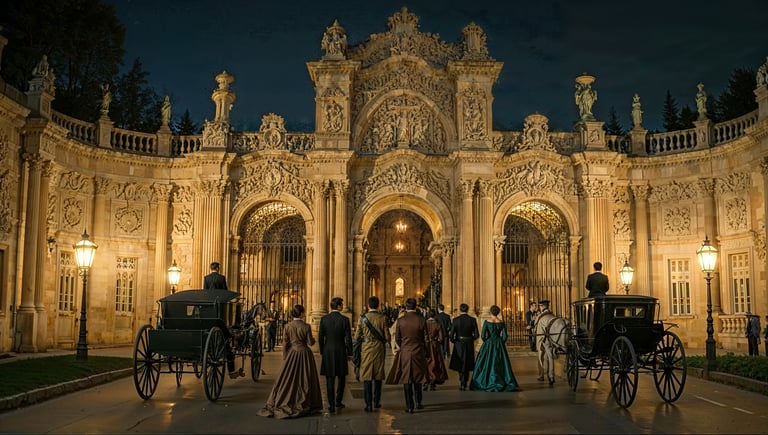 Cinematic AI image of formal guests and horse-drawn carriages arriving at the ornate Dolmabahçe palace gate under a night sky
