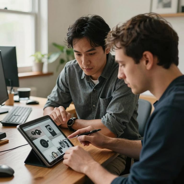 A candid North American / US collaborative session where two professionals are reviewing digital content on a tablet in a cozy, sun-drenched office.