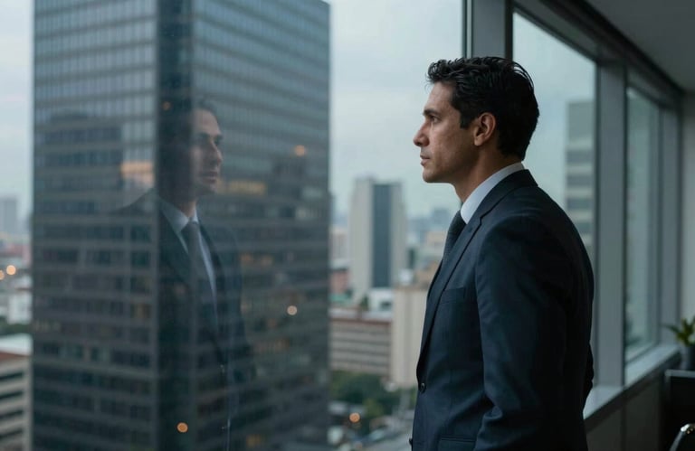 A South American executive looking out from a high-rise office window toward a cityscape. Reflective mood, strategic thinking. Sophisticated lighting with dark blue and gray tones.