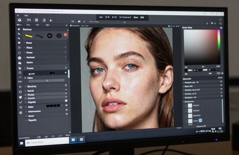 A close-up of a high-resolution 8K monitor showing a detailed skin retouching process in a professional editing suite, with a focus on color accuracy.