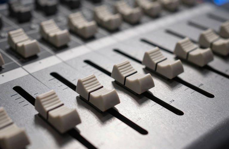 A macro shot of professional studio audio faders on a mixing desk. The focus is sharp on the metal textures with soft-white light illuminating the equipment in a European sound suite.