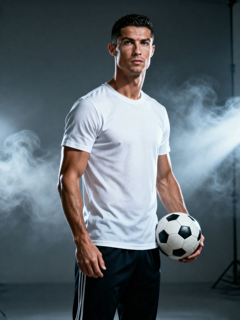 Cristiano Ronaldo in a white t-shirt holding a soccer ball amidst cinematic smoke and studio lighting.