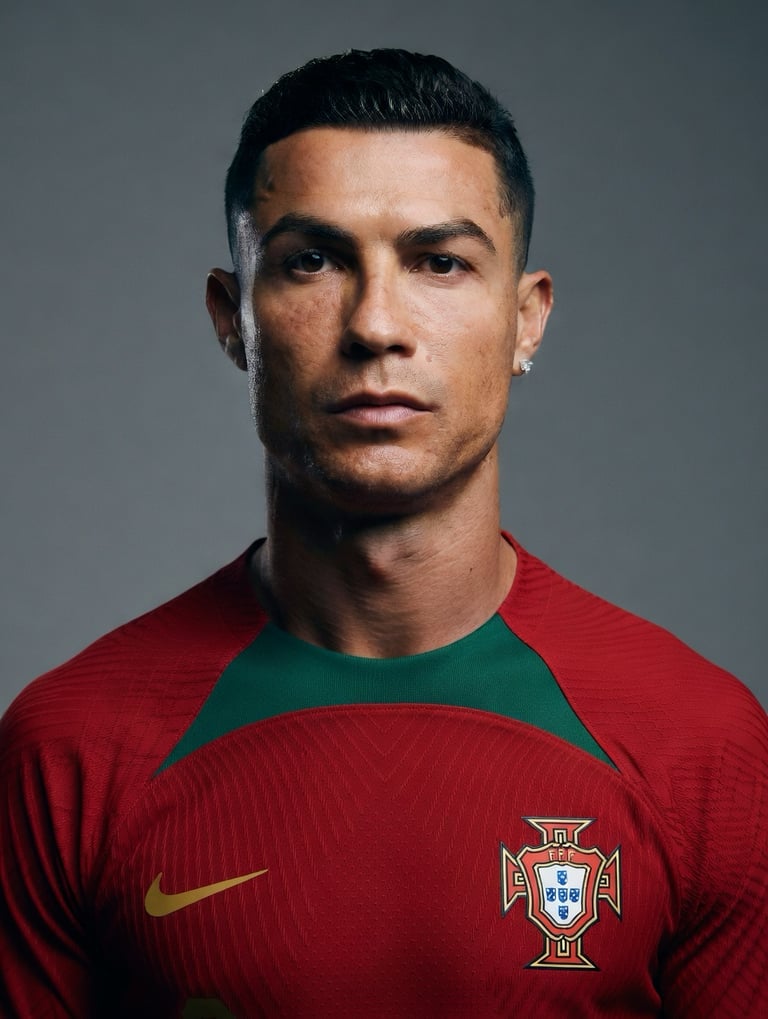 Cristiano Ronaldo wearing the red and green Portugal national football team jersey in a studio portrait.