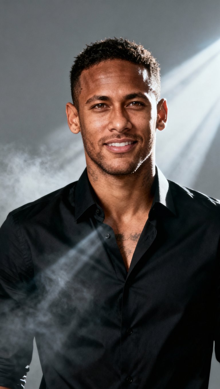 Professional portrait of footballer Neymar Jr wearing a black shirt with dramatic lighting and smoke.