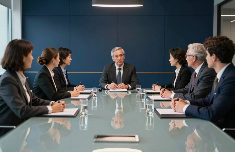 A professional team meeting in a high-end North American / US corporate boardroom. A sleek glass table reflects pearl white lights and dark navy blue wall panels.