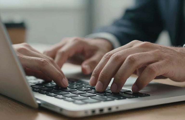 A close-up of hands typing on a modern keyboard in a North American / US corporate setting, professional lighting, clean and modern style.