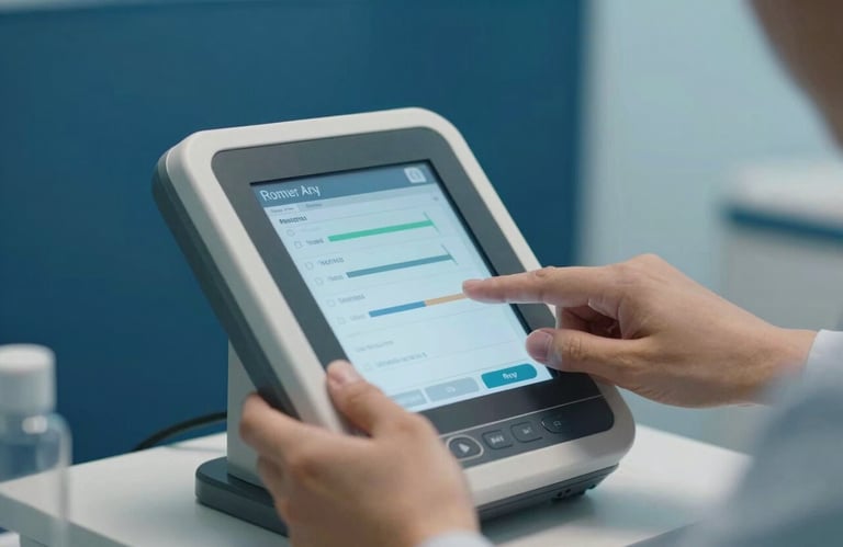 A close-up photograph of a professional using a high-tech revenue interface in a North American / US medical office. Background includes deep sea blue and pale sky blue details.
