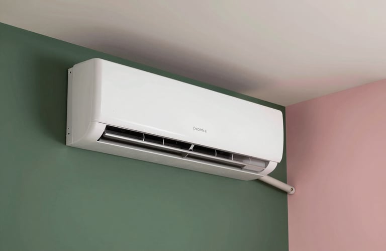 A sleek, wall-mounted air conditioning unit in a contemporary South American / Brazilian apartment. The room is decorated in a minimalist style with Forest Green and Soft Rose Pink highlights. Clean, professional photography.
