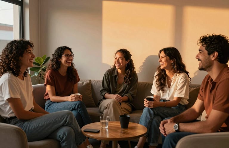 A group of creative professionals laughing together in a modern Latin American studio lounge. They are enjoying a moment of connection with warm amber lighting and sunset orange accents.