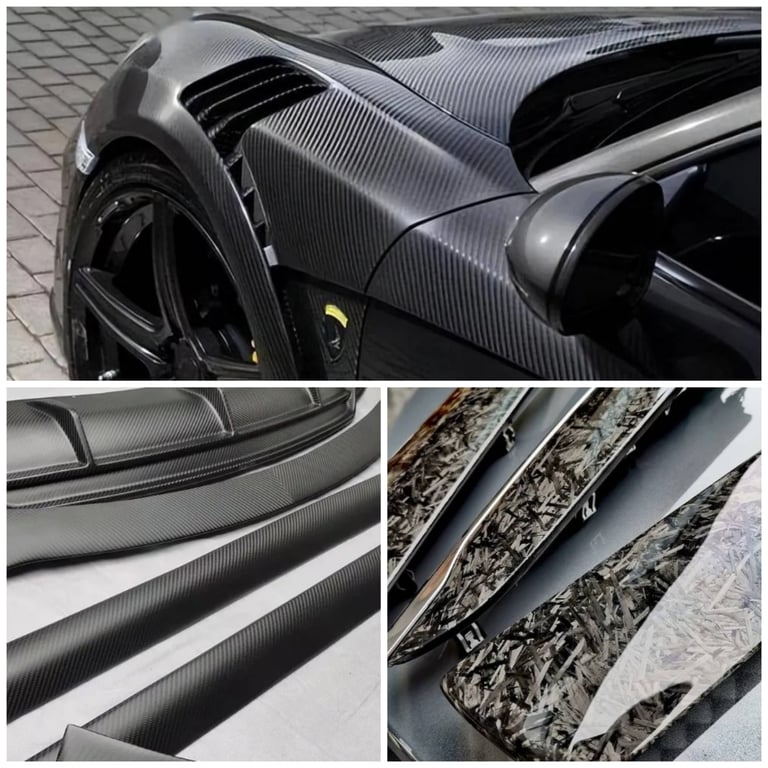 Custom carbon fiber car parts and body kits including fenders, spoilers, and forged carbon trim.
