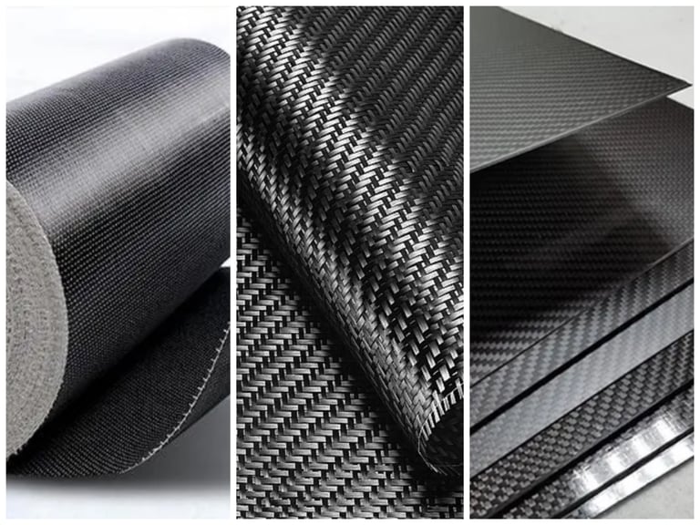 Various carbon fiber materials including a woven fabric roll, twill weave pattern, and stacked composite sheets.