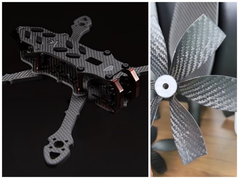 Carbon fiber FPV drone frame and a matching multi-blade propeller for racing drones.