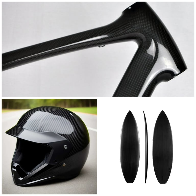 A composite image showcasing lightweight carbon fiber products including a bike frame, motorcycle helmet, and surfboard.