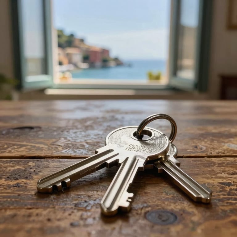 Close-up of elegant silver house keys resting on a rustic wooden table with a blurred background showing a sunny Mediterranean window in the Italian Riviera / Ligurian Coast.