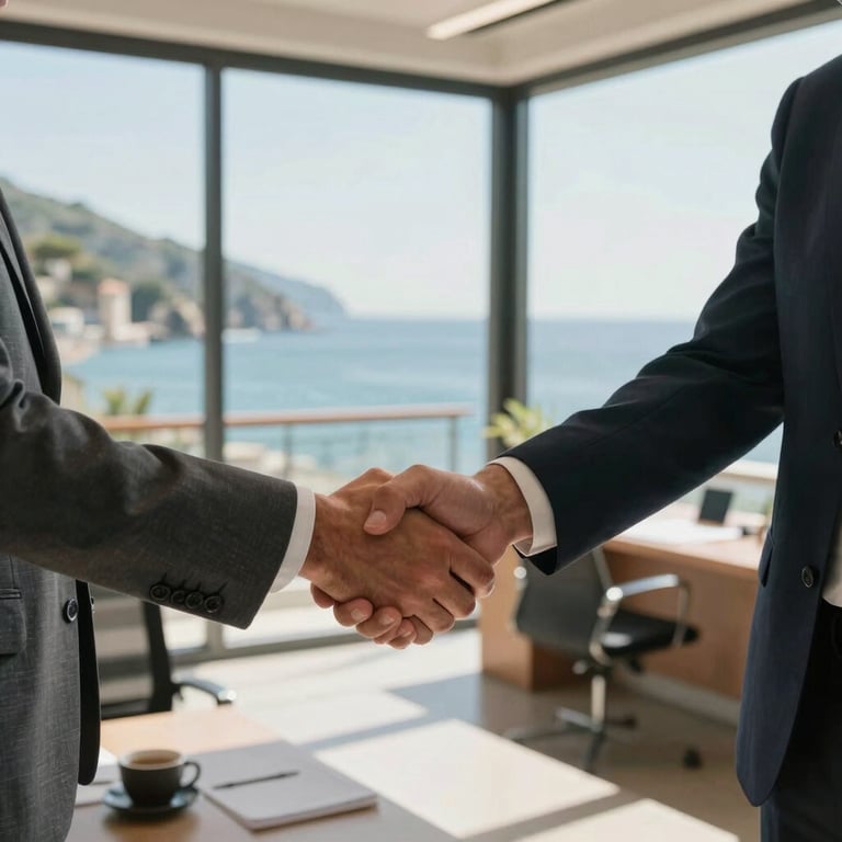 A professional and warm handshake between two people in a sunlit real estate office in the Italian Riviera / Ligurian Coast, symbolizing trust and successful collaboration.