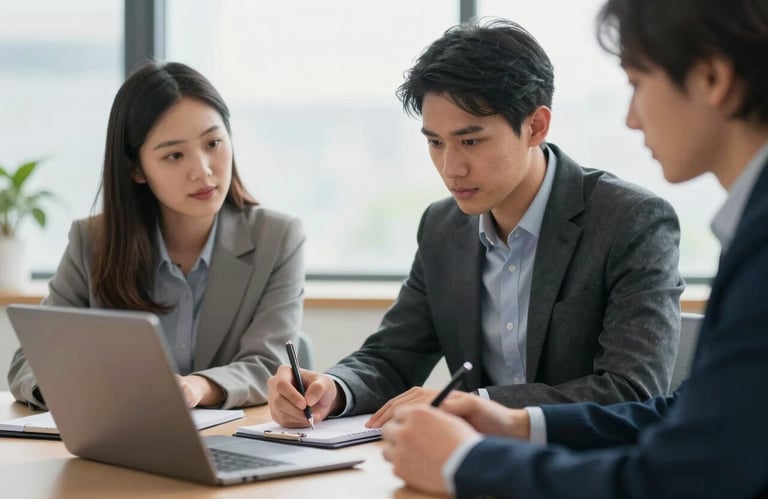 Two professionals in a European office setting having a focused discussion across a table, one taking notes on a tablet, natural lighting, professional and collaborative mood.