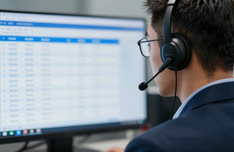 A close-up shot of a dispatcher wearing a professional headset, focusing on a screen with freight data, representing 24/7 dedicated support and communication, professional lighting using #7BA0C6.