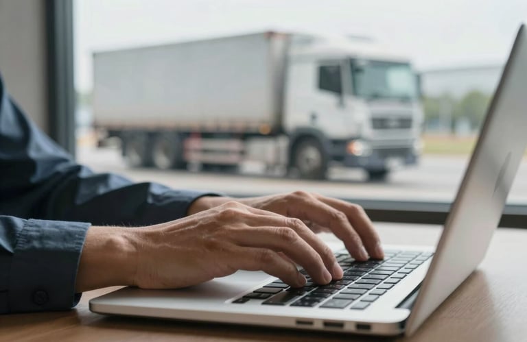 Close-up of hands typing on a laptop with a commercial truck visible through a window in the background, representing the professional management of logistics paperwork.
