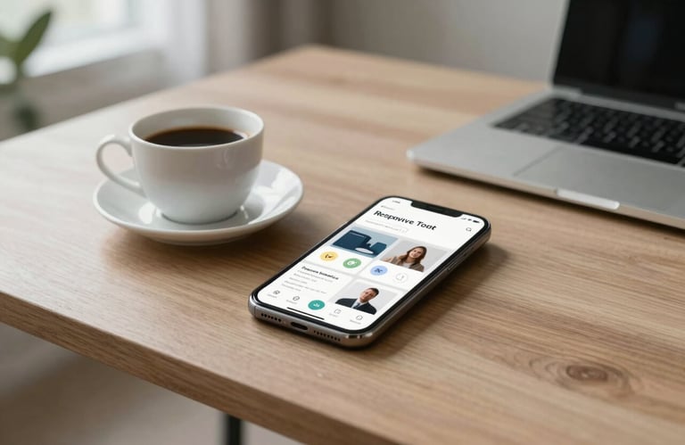 A minimalist photography piece showing a designer's desk with a cup of coffee and a mobile device testing a responsive interface, set in a light-filled North American apartment.
