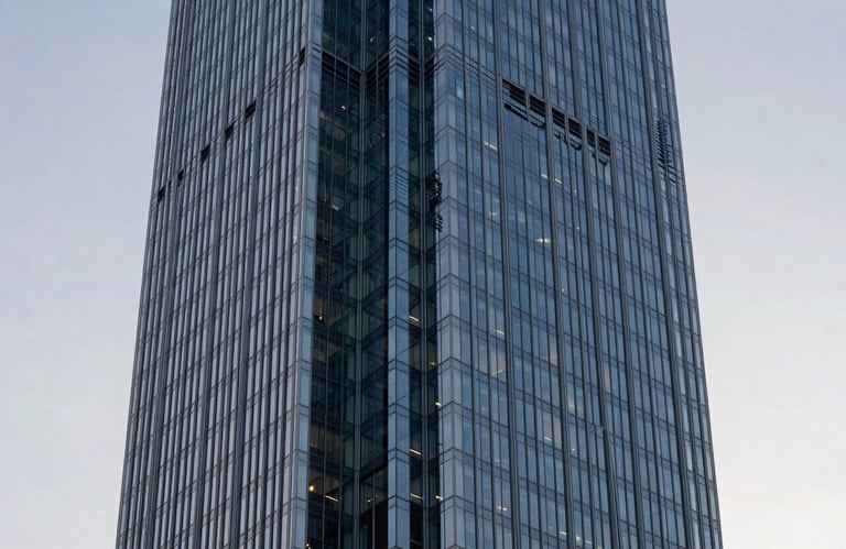 A sharp architectural detail photograph of a modern skyscraper in a North American city. The focus is on the geometric patterns of the glass and steel blue frames against a soft gray sky.
