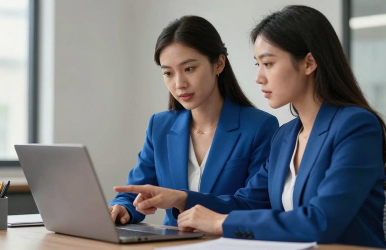 A professional woman in a Steel Blue blazer pointing at a laptop screen during a consultation, soft office lighting.