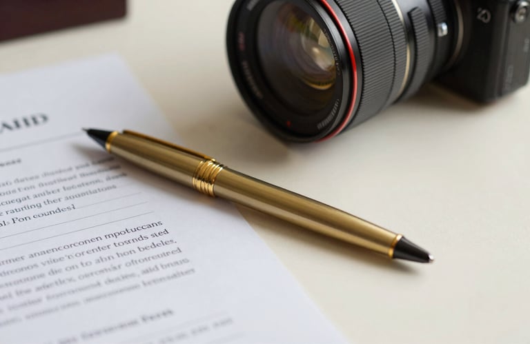 Close-up of a gold-colored pen resting on professional legal documents on a Soft Off-white desk surface.