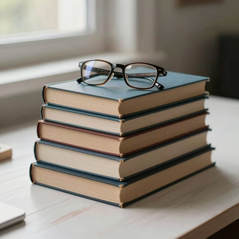 A detailed photography of a stack of books with a pair of reading glasses on top, sitting on an Off-white wooden desk. Latin American / General Spanish-speaking interior design style. Soft natural lighting from a nearby window.